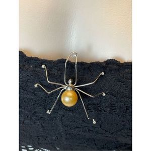 Silver Tone Faux Pearl Spider Brooch 2.5” Long